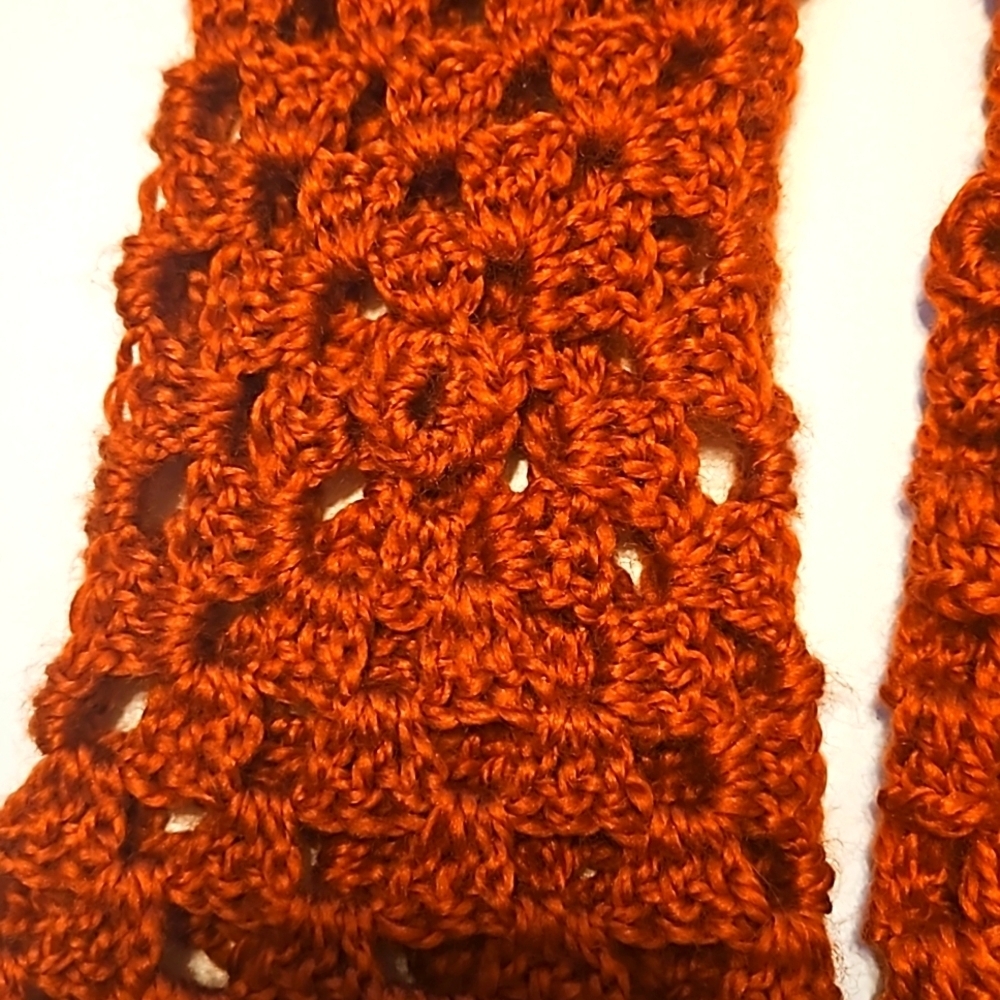 Hand Crafted Hand Knit Crochet Orange Granny Square Fingerless Gloves handmade - Picture 12 of 17